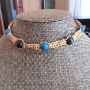 Handmade Macrame Hemp Choker w/ Blue Beads - New Item (up to 14")